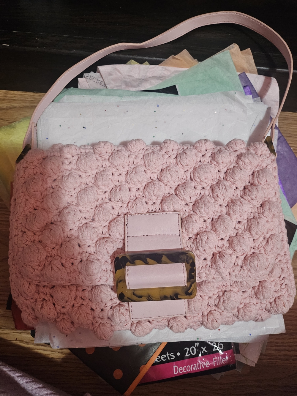 Pink Crochet Textured Shoulder Bag with Tortoiseshell Buckle